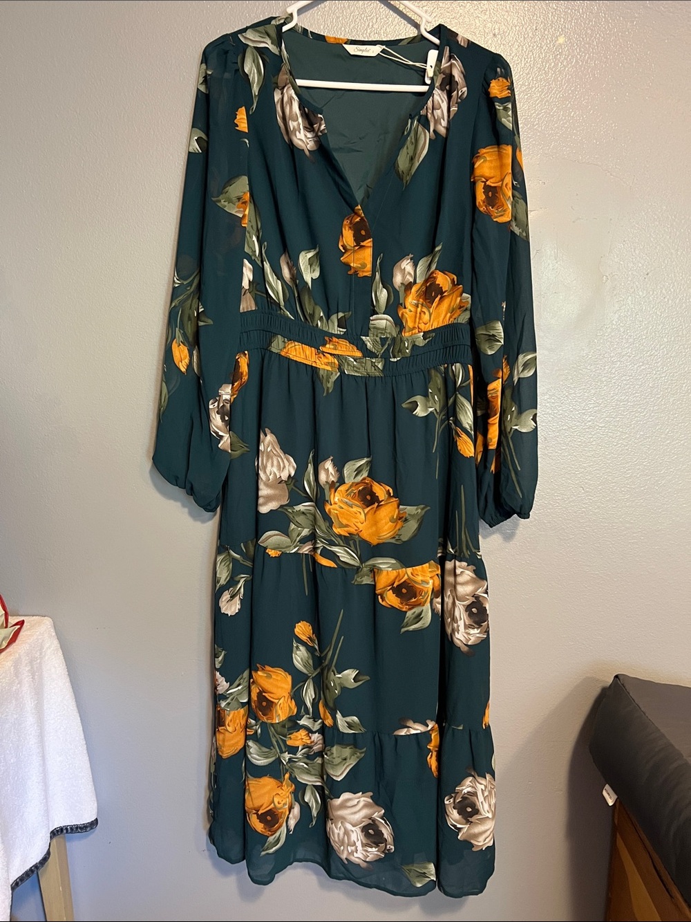Simple Teal Maxi Dress with Yellow and Cream Floral Print